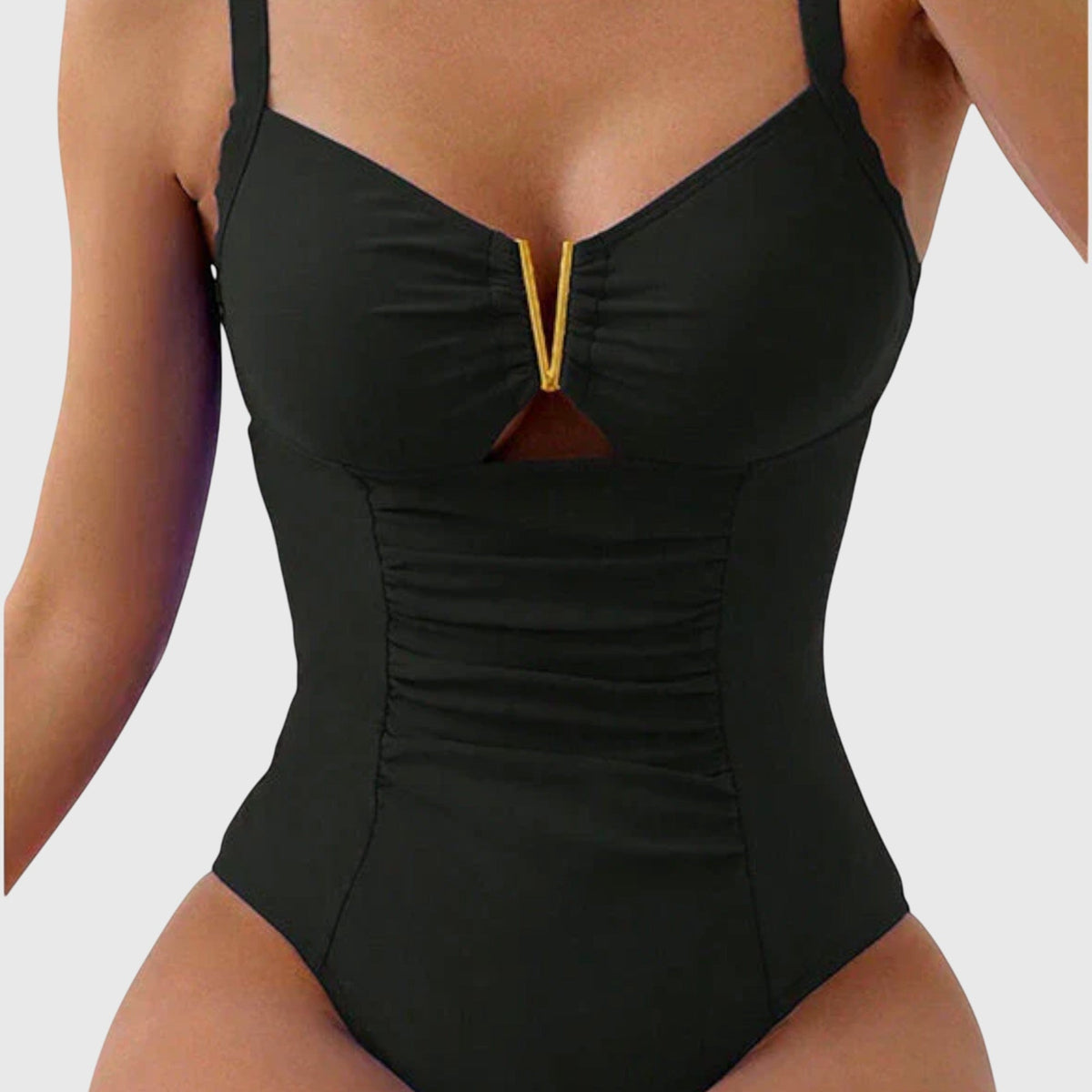 Maillot de bain une pièce noir à décolleté en V, bretelles, fermeture centrale dorée