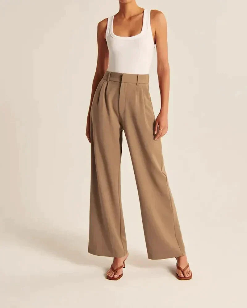 Pantalon large marron taille haute avec pinces, ceinture et poches
