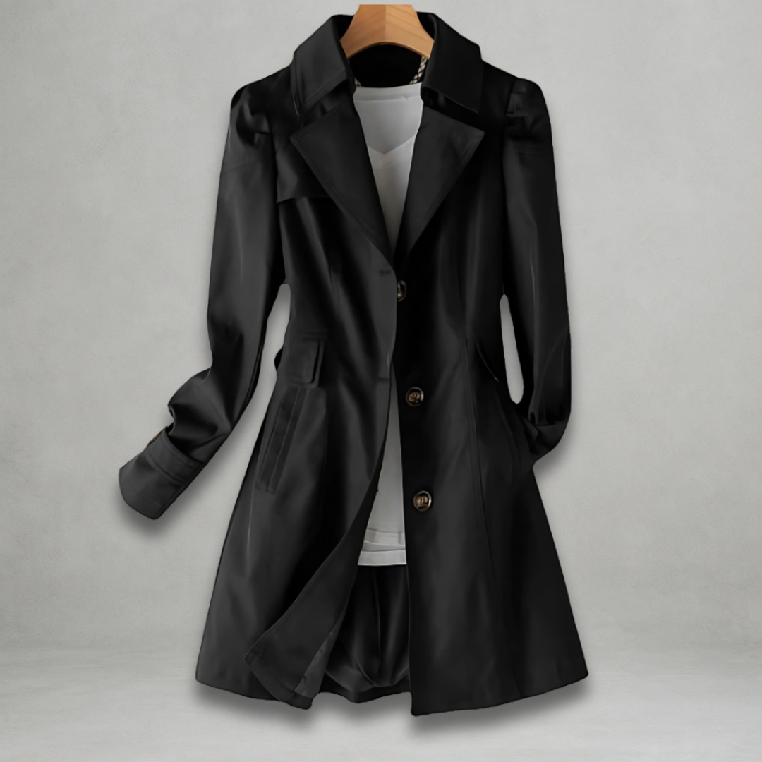 Trench-coat de printemps noir, col revers et boutonnage, poches plaquées