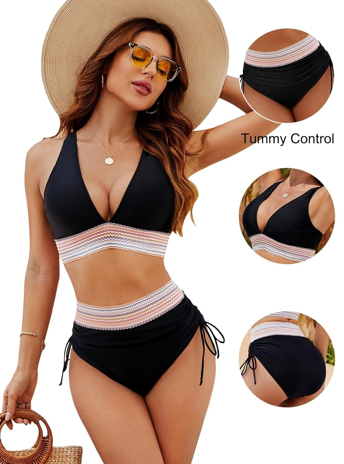 Bikini sculptant noir, haut triangle plongeant et bas taille nouée rayée multicolore