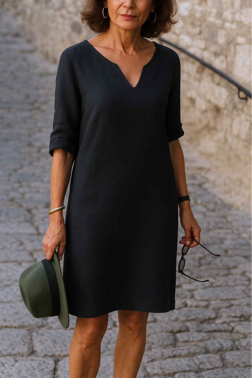 Robe à col en V bleu marine, manches retroussées, coupe droite longueur genou.