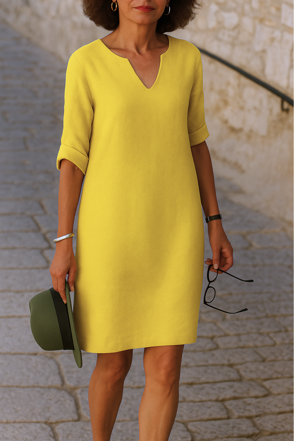 Robe à col en V jaune, manches retroussées, coupe droite longueur genou.