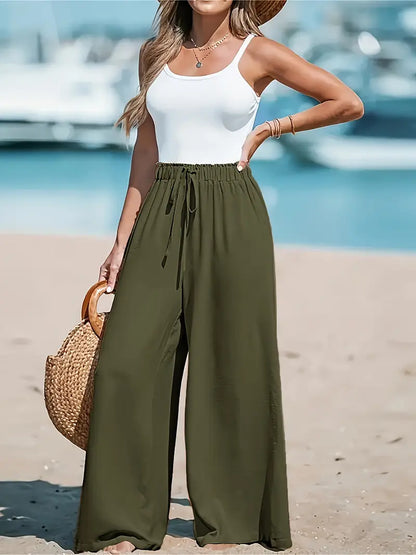 Pantalon ample taille haute vert olive, taille élastiquée et lien à nouer