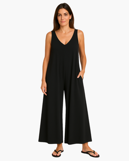 Combinaison ample sans manches noire, décolleté en V, jambes larges