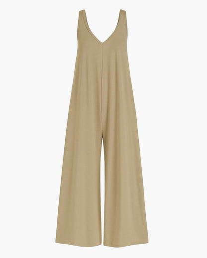 Combinaison ample sans manches kaki, vue de face, encolure V, pantalon évasé