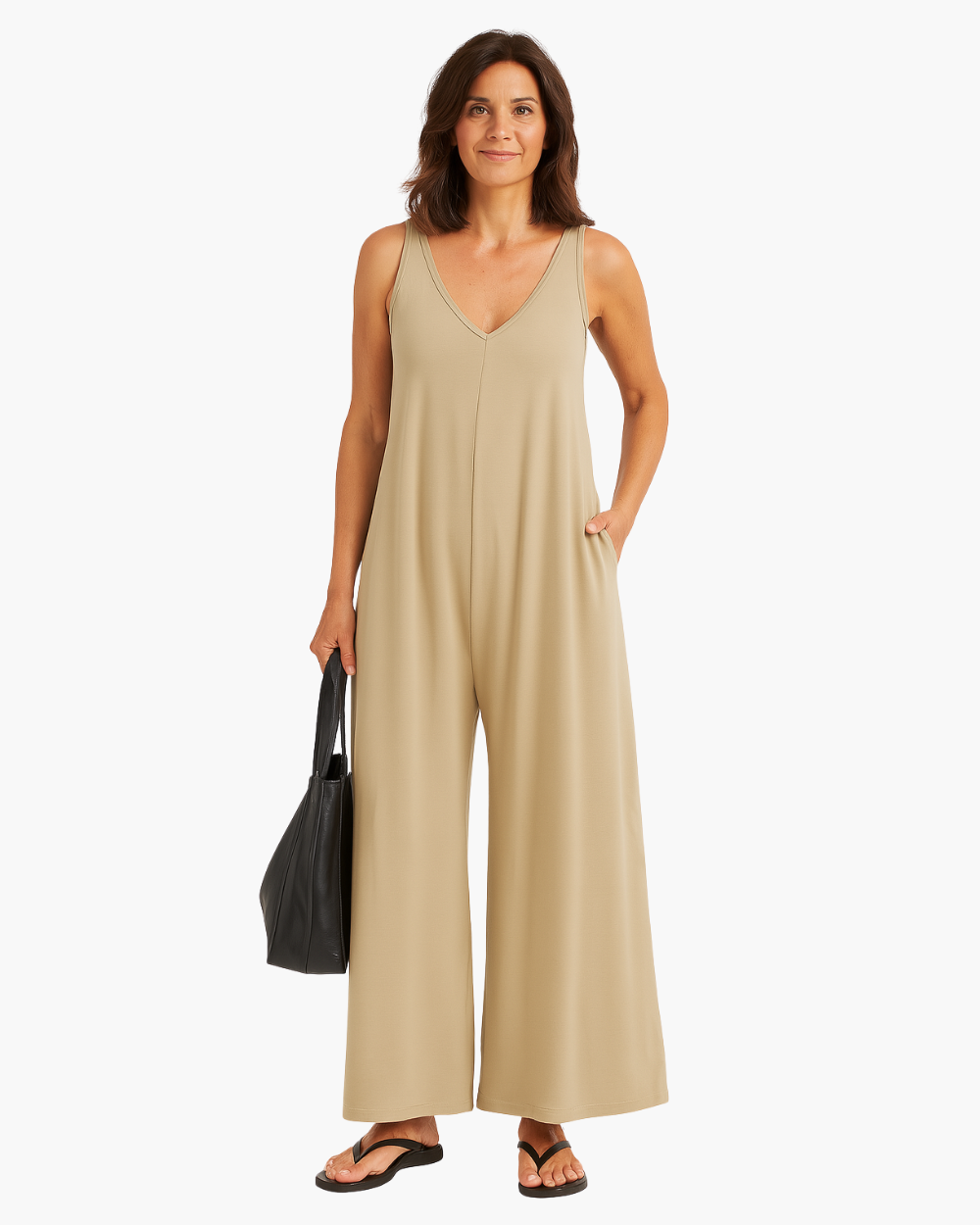 Combinaison ample sans manches kaki clair, encolure en V, pantalon ample