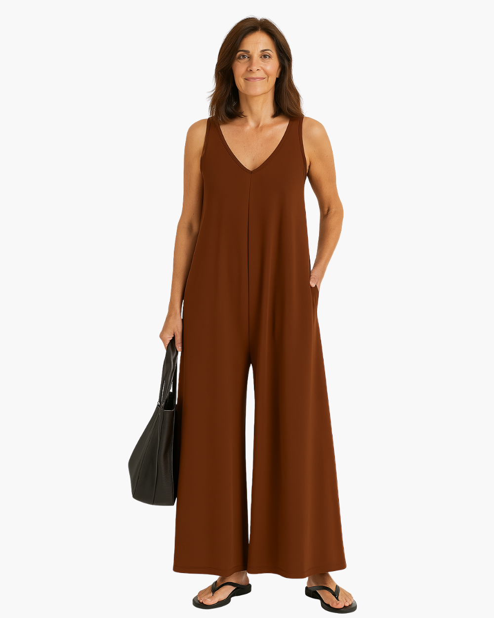 Combinaison ample sans manches marron, décolleté en V, jambes fluides