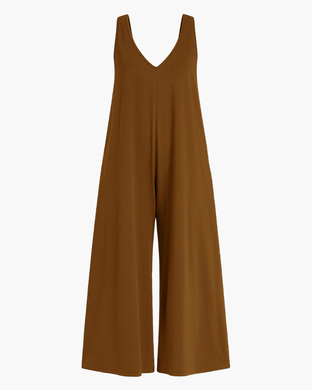 Combinaison ample sans manches marron, vue de face, décolleté V, jambes larges