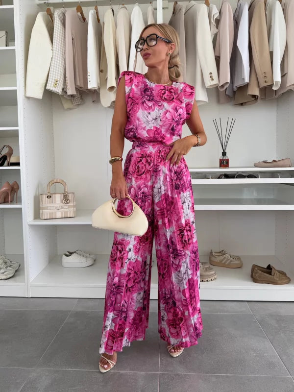Ensemble fuchsia fleuri : top sans manches et pantalon ample long à motif floral