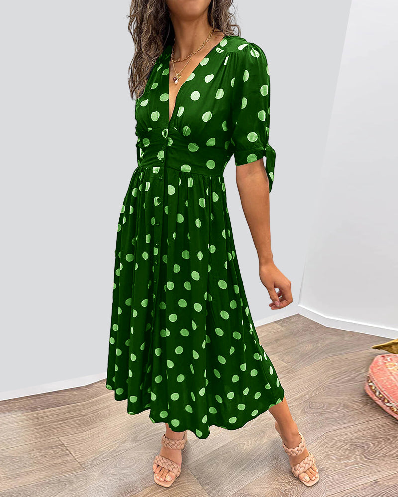 Robe midi Miley verte à pois blancs, col en V, manches trois-quarts, taille ceinturée
