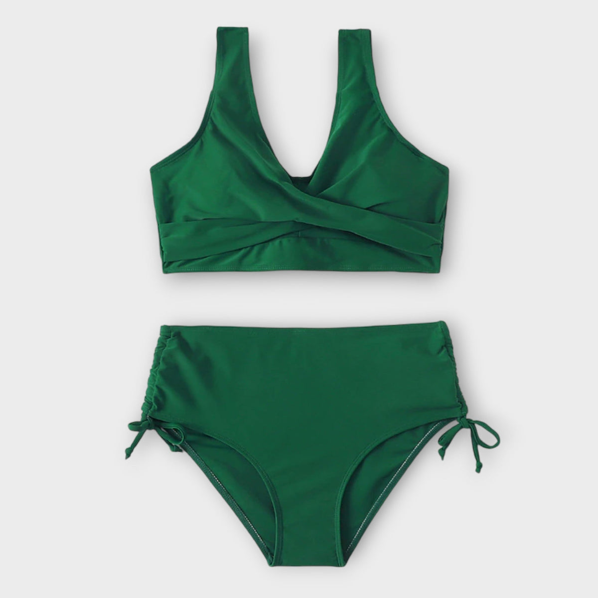 Ensemble bikini vert 2 pièces : haut croisé sans manches, bas taille haute à cordons