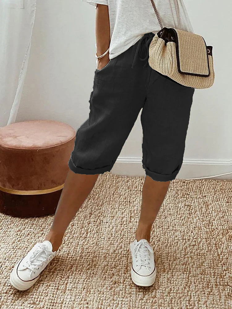 Short en coton noir pour femme, taille élastique avec cordon, bas à revers