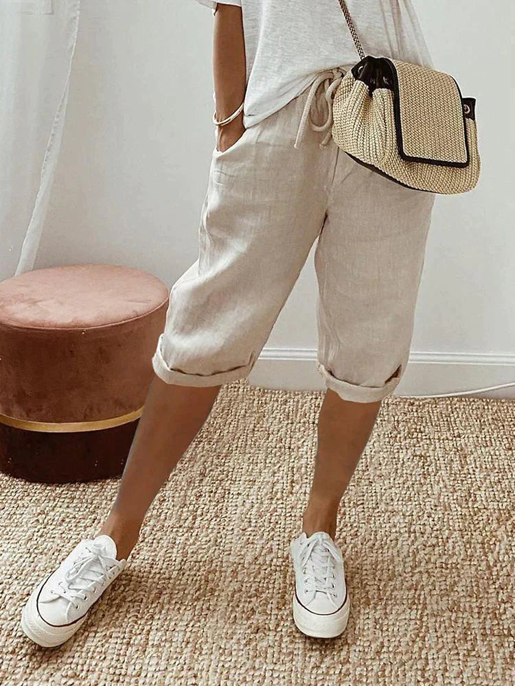 Short en coton beige clair pour femme, taille élastique avec cordon, bas à revers