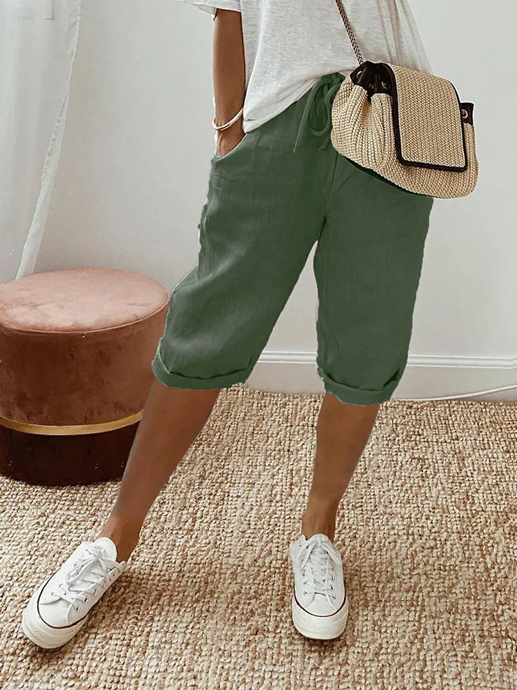 Short en coton vert pour femme, taille élastique avec cordon, bas à revers