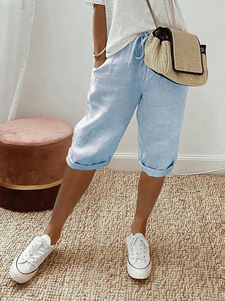 Short en coton bleu clair pour femme, taille élastique avec cordon, bas à revers