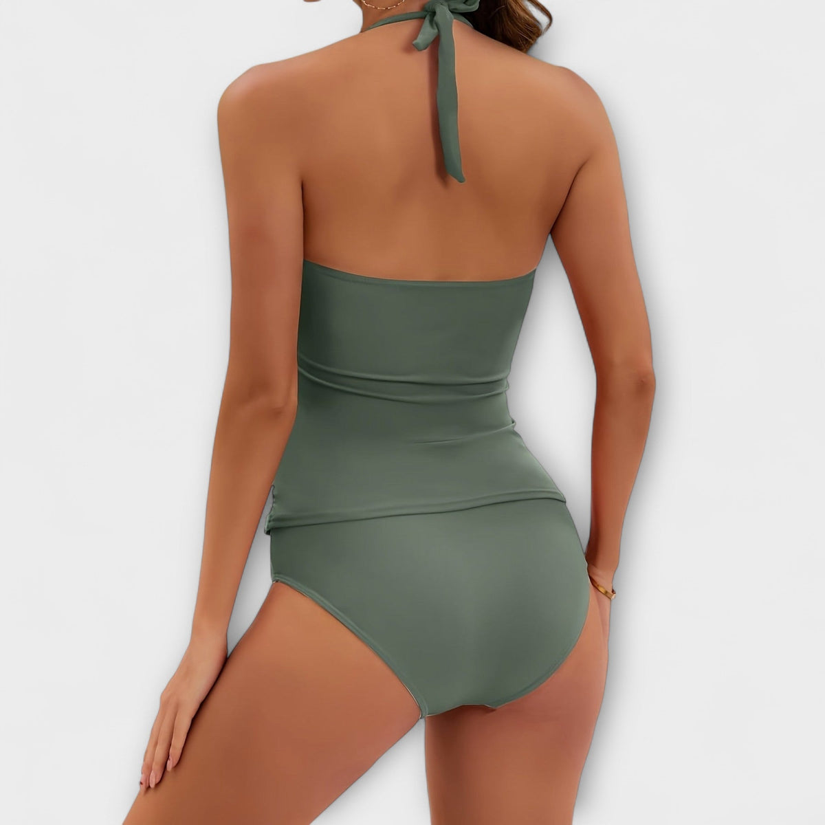 Maillot de bain deux pièces vert olive dos nu, bretelles à nouer, taille haute