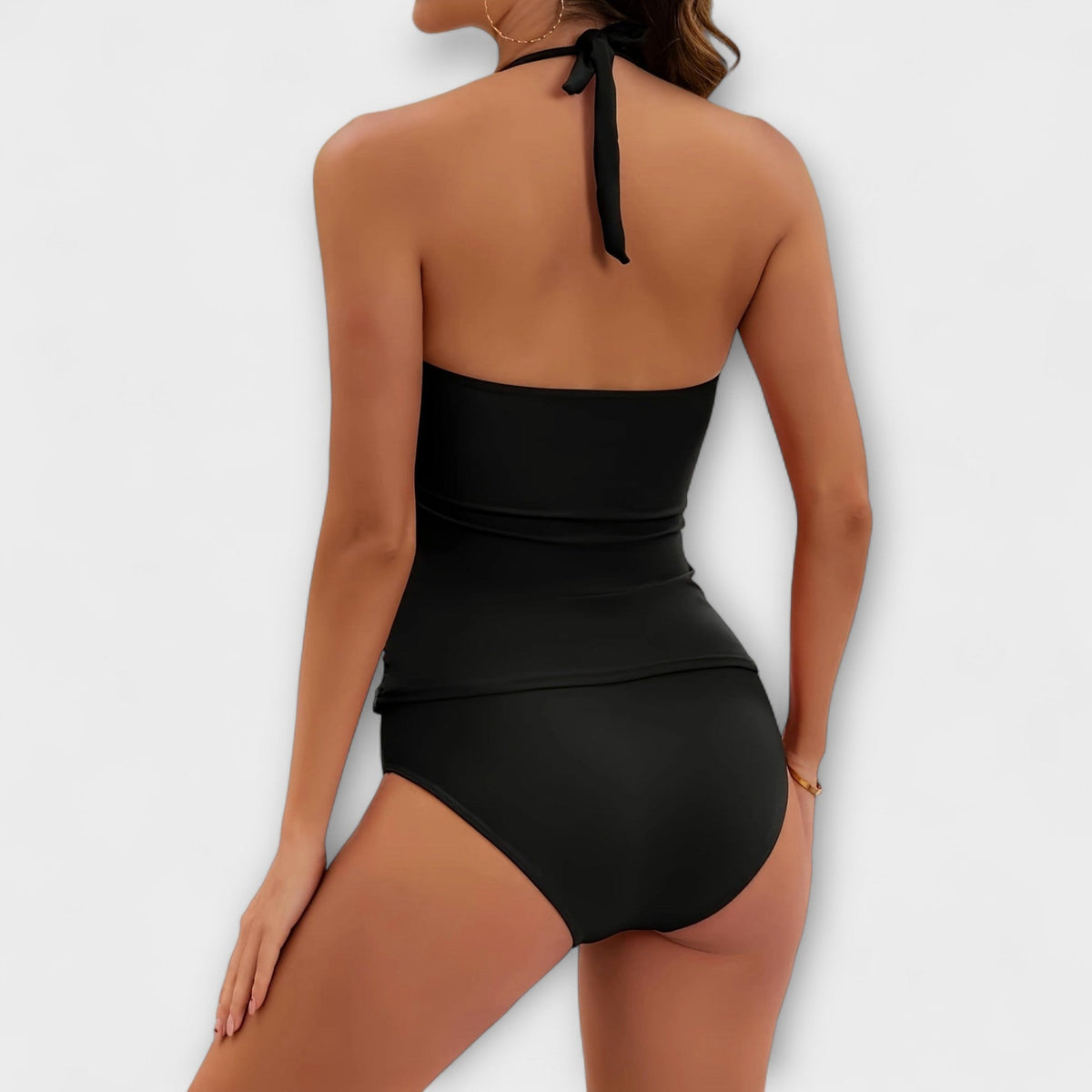 Maillot de bain deux pièces noir à dos noué et taille haute couvrante