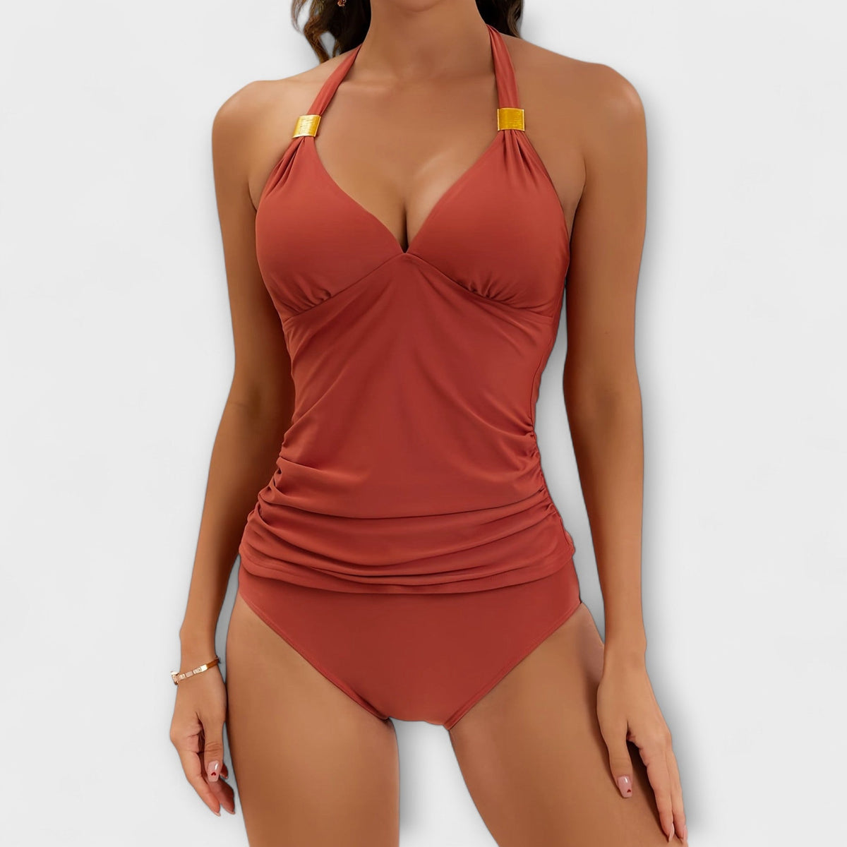 Maillot de bain deux pièces rouge brique, haut balconnet à bretelles réglables, culotte assortie