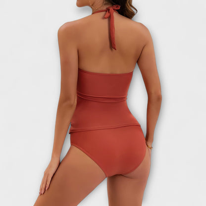 Maillot de bain deux pièces rouge/orange dos noué et taille haute