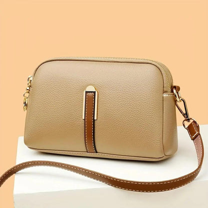 Sac bandoulière Sienne beige en cuir grainé, fermeture zippée, bandoulière marron
