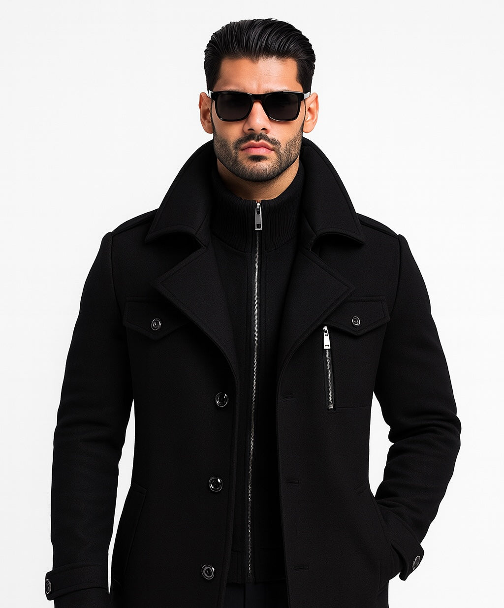 Manteau homme noir, col montant, fermeture zippée avec passepoil, poches boutonnées