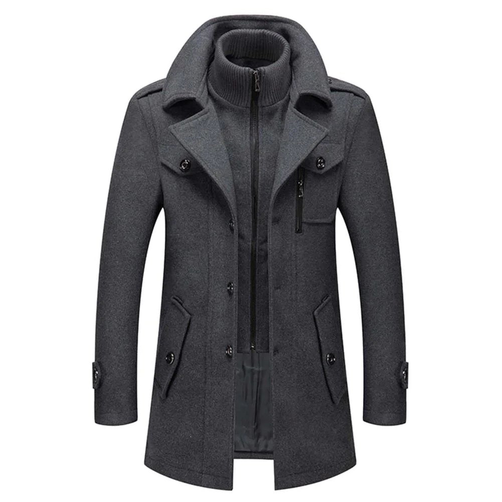 Manteau homme gris foncé, zip central, capuche col tricot, poches boutonnées