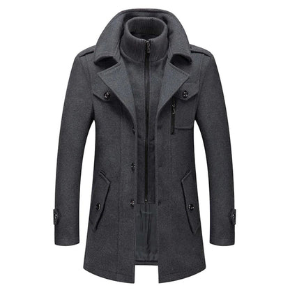 Manteau homme gris foncé, zip central, capuche col tricot, poches boutonnées