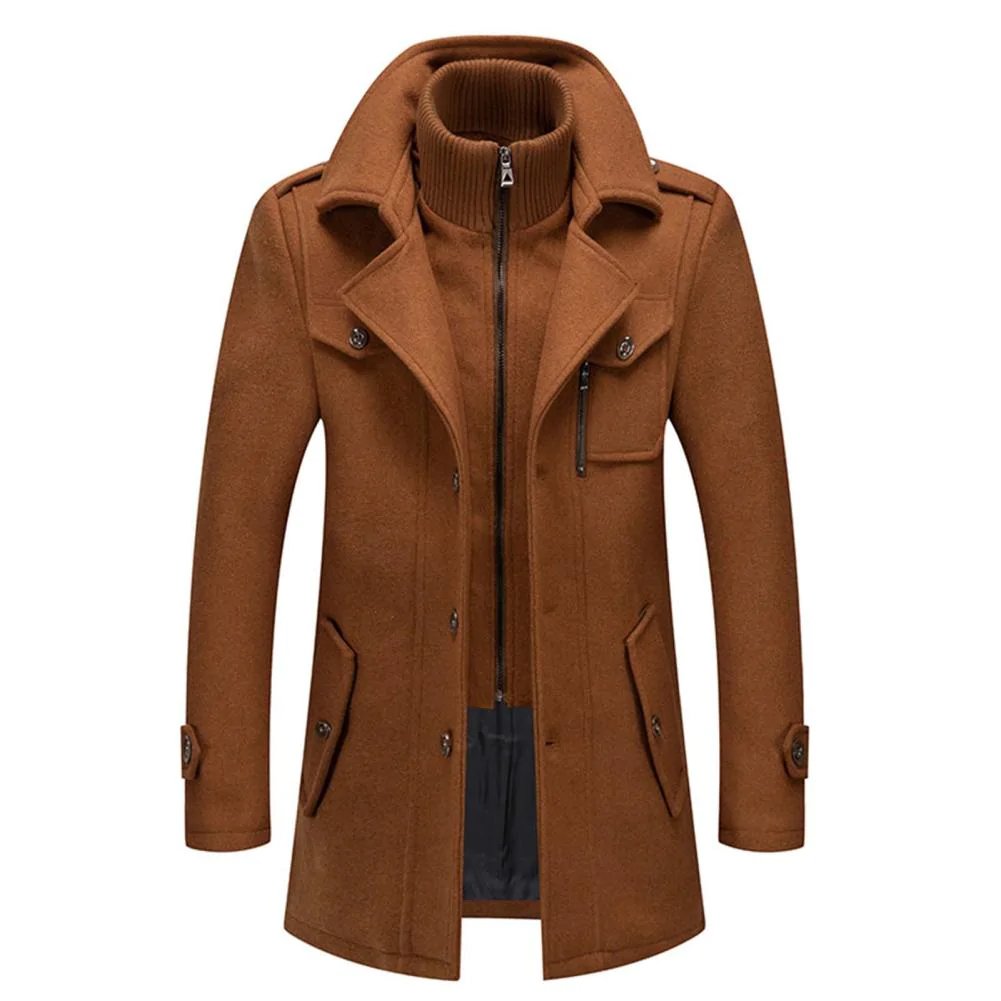 Manteau homme camel, col montant, fermeture zippée, poches latérales à rabat