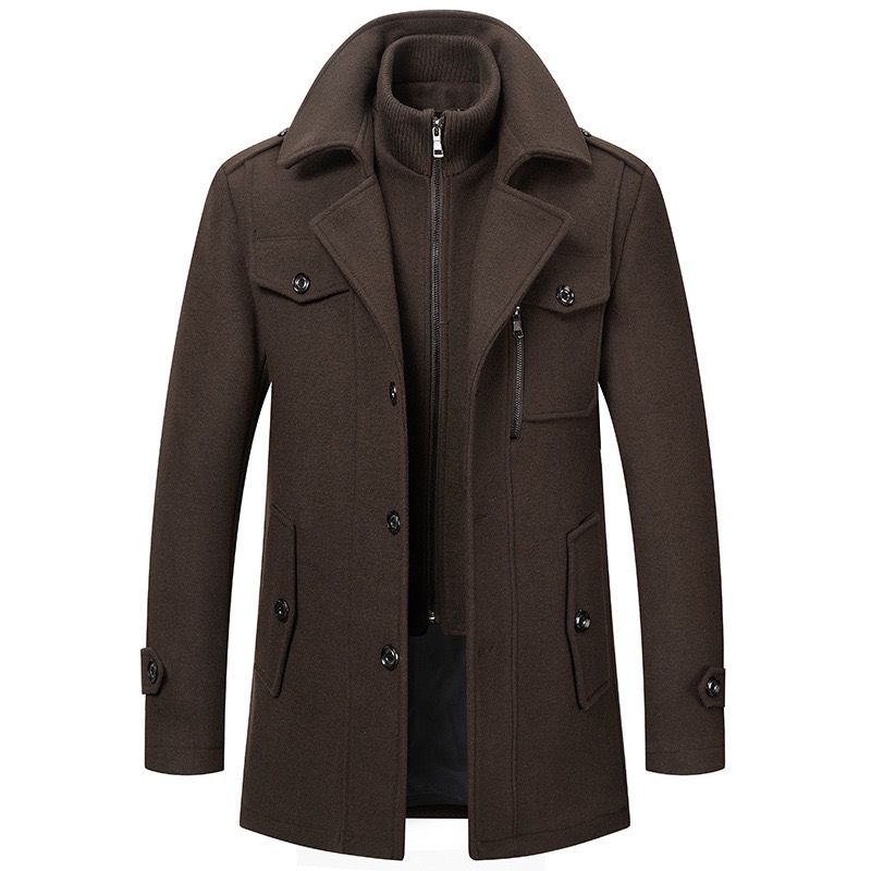 Manteau homme brun foncé, col montant, fermeture zippée, poches latérales boutonnées