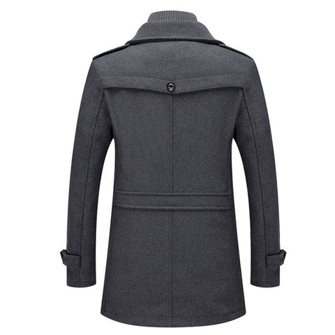 Manteau homme droit gris foncé, col montant, boutonnage central, patte arrière