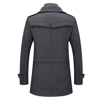 Manteau homme droit gris foncé, col montant, boutonnage central, patte arrière