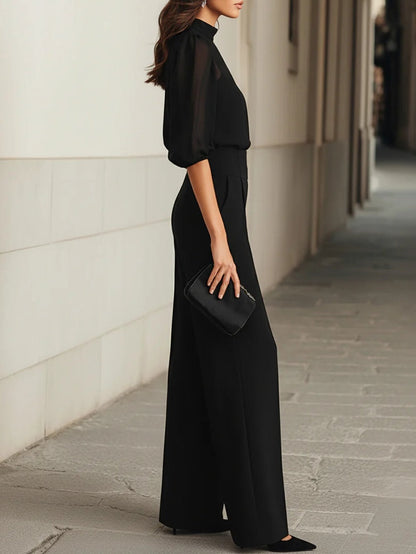 Ensemble 3 pièces noir : haut manches bouffantes et pantalon palazzo taille haute