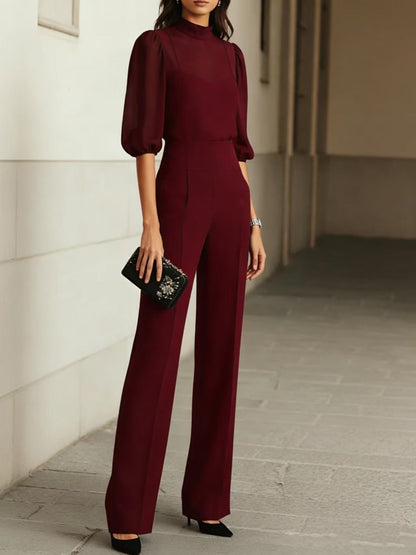 Ensemble 3 pièces rouge bordeaux : blouse à manches bouffantes et pantalon taille haute
