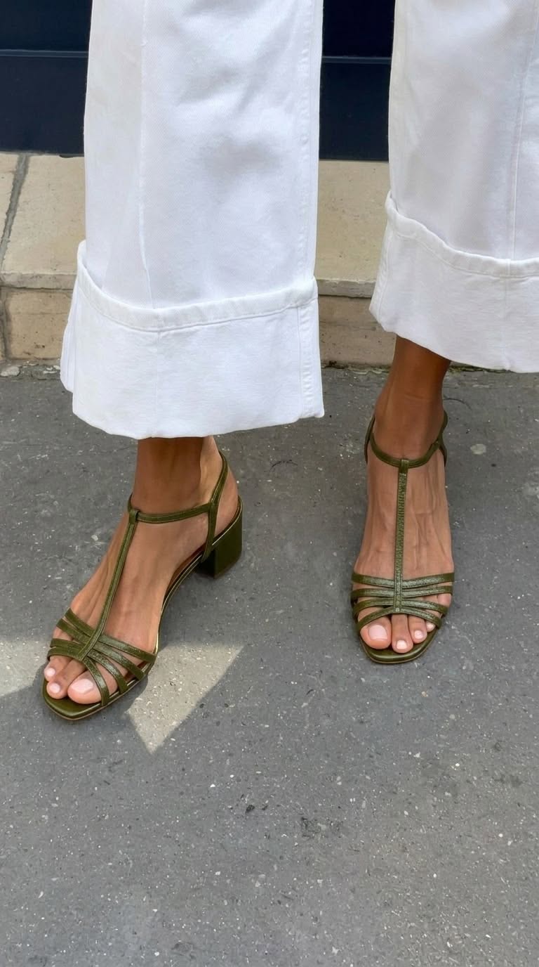 Sandales à talon moyen vert olive, brides croisées et bout ouvert