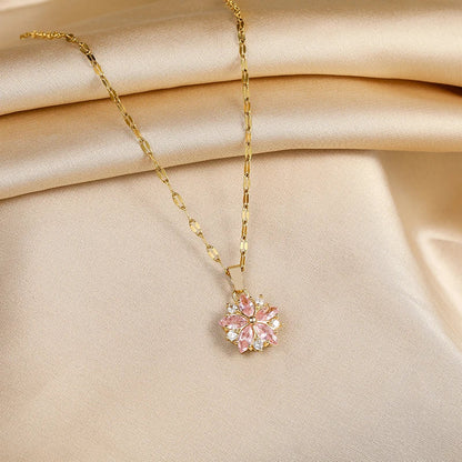 Collier en acier inoxydable doré à pendentif fleur rose en strass