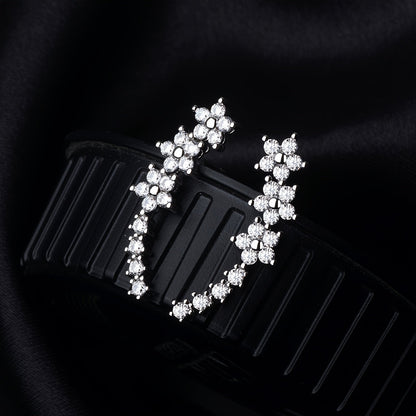 Boucles d’oreilles florales en argent, fleurs à cristaux ronds, tige courbe