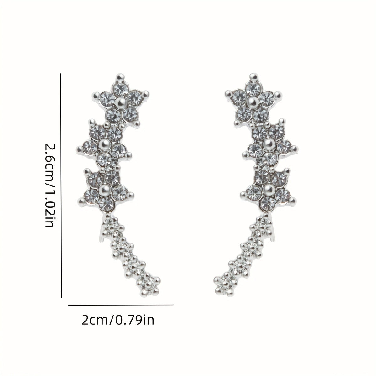 Boucles d’oreilles florales en argent, motif vertical de fleurs, dimensions indiquées