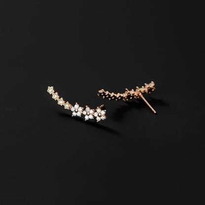 Boucles d’oreilles fleurs en strass, tiges fines, ton or rose