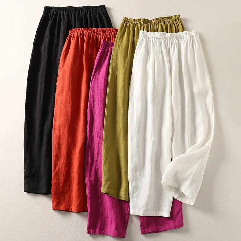 Pantalons fluides Amalia™ en coton lin, coloris noir, orange, rose, olive, blanc