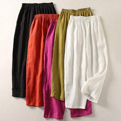 Pantalons fluides Amalia™ en coton lin, coloris noir, orange, rose, olive, blanc