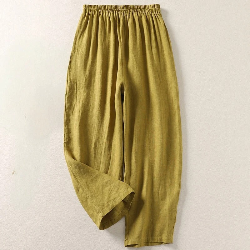 Pantalon fluide Amalia™ en coton et lin olive, taille élastique