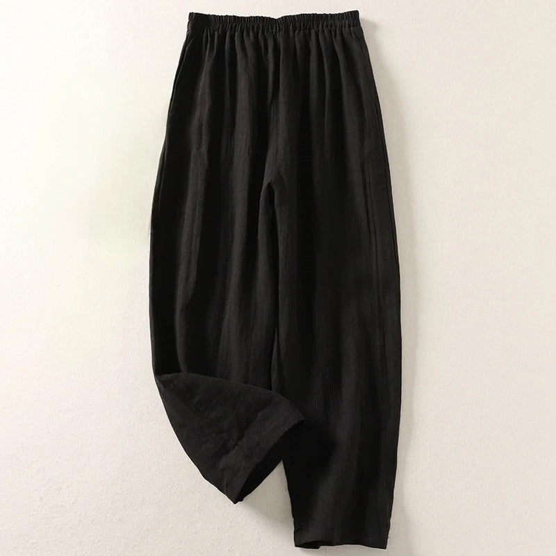 Pantalon fluide Amalia™ en coton et lin noir, taille élastique