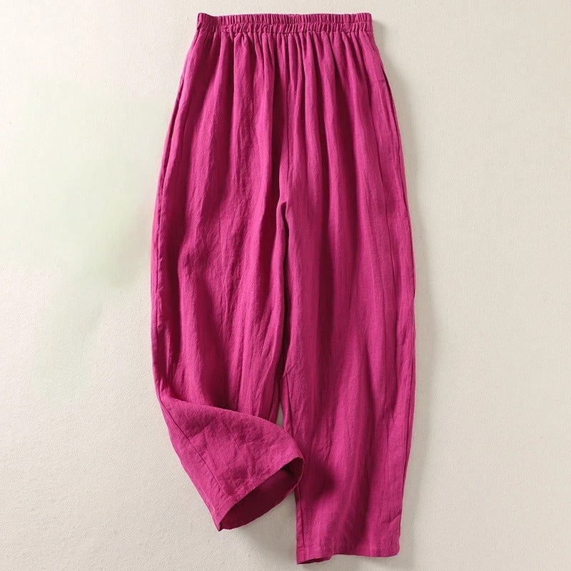 Pantalon fluide Amalia™ en coton et lin rose fuchsia, taille élastique