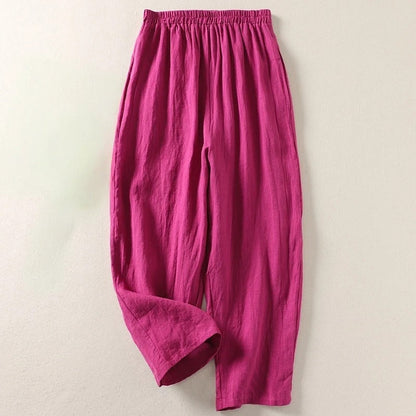 Pantalon fluide Amalia™ en coton et lin rose fuchsia, taille élastique