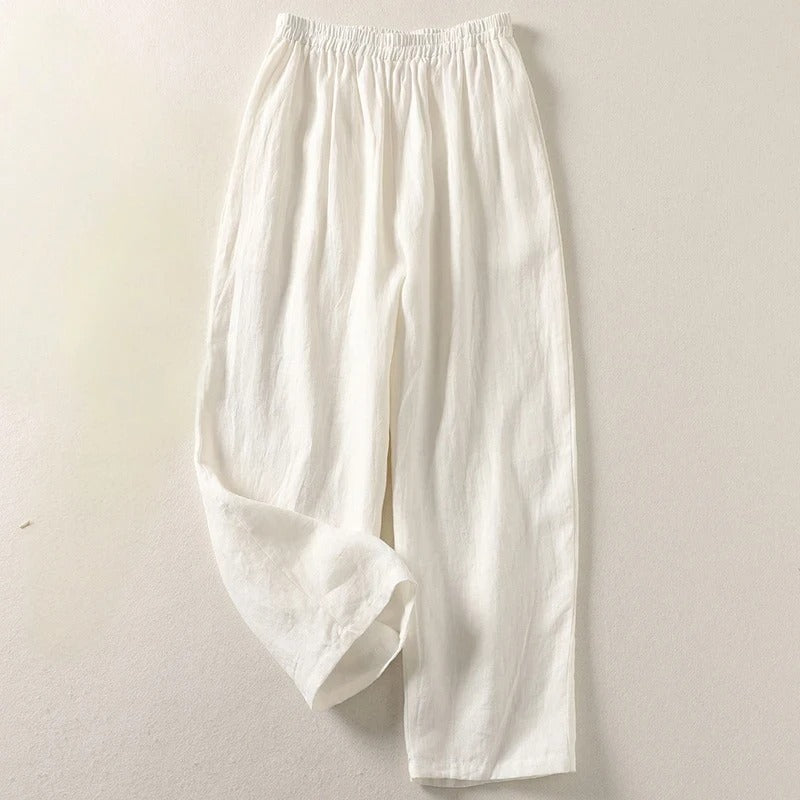 Pantalon fluide Amalia™ en coton et lin blanc, taille élastique