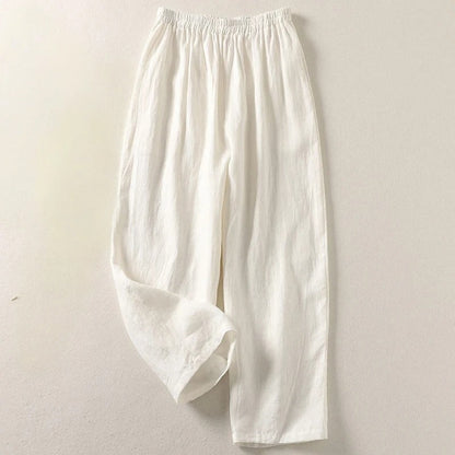 Pantalon fluide Amalia™ en coton et lin blanc, taille élastique