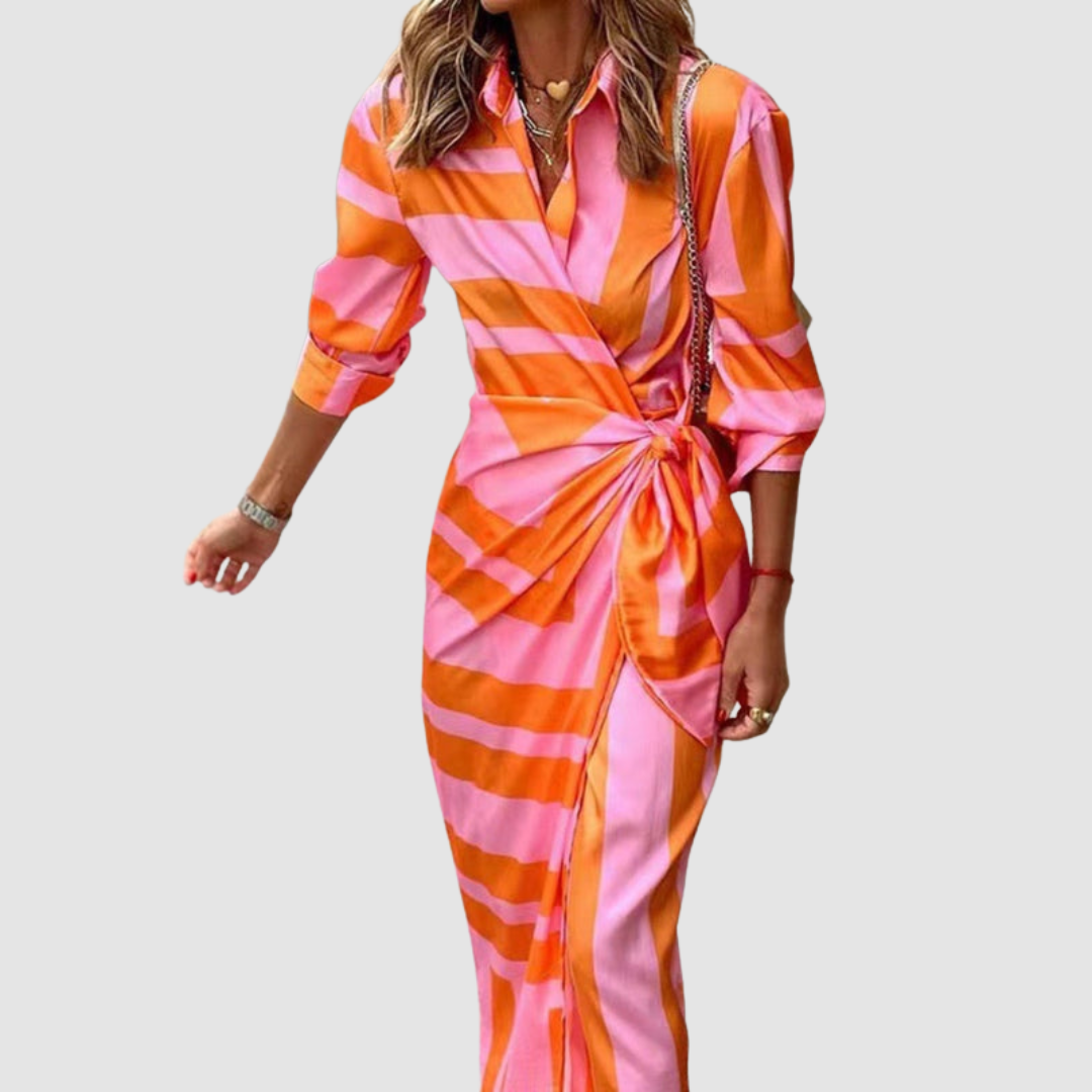Robe rayée Cecilia™ orange et rose, col V, manches 3/4, lien à la taille
