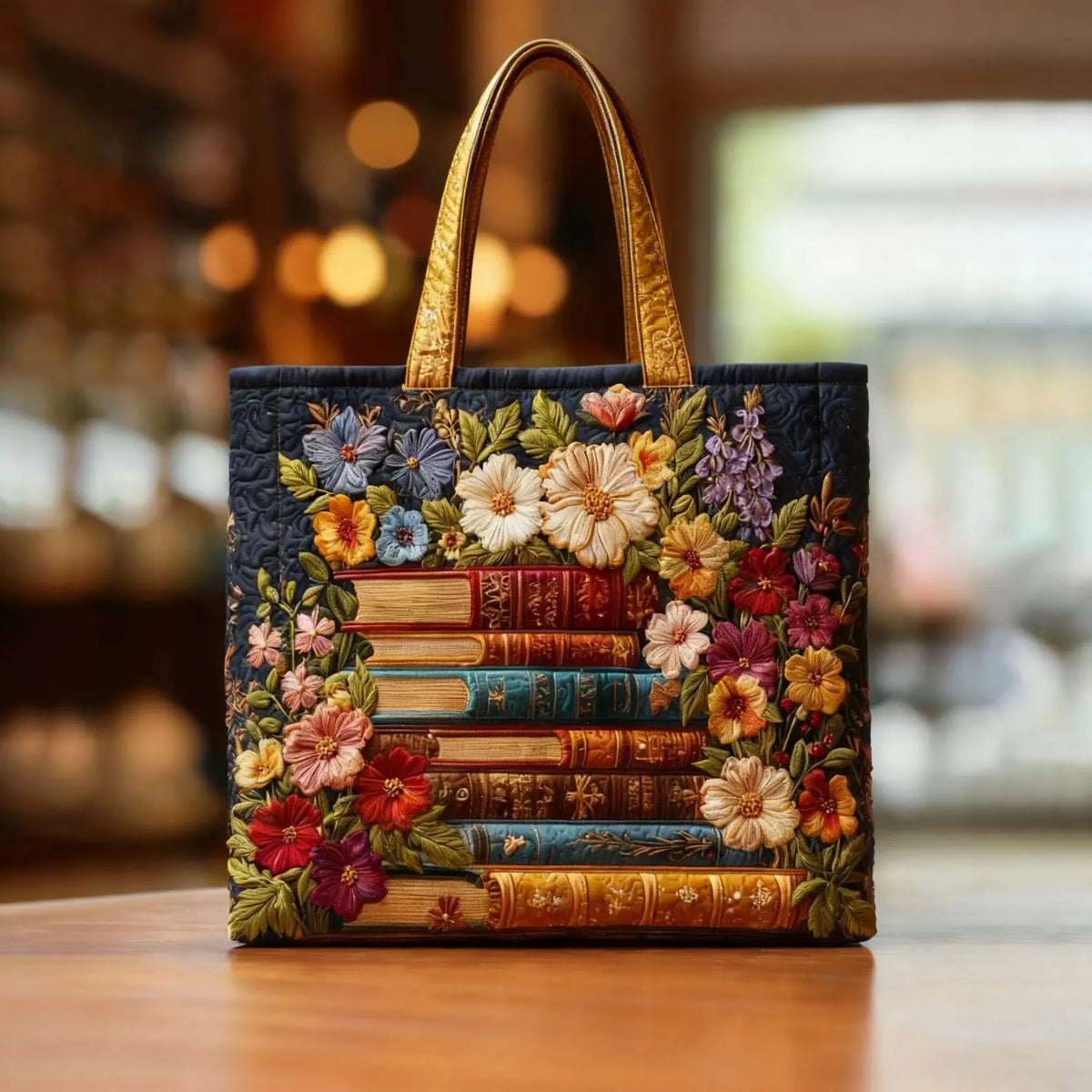 Sac à main Harper en toile bleu marine, poignées marron, broderie florale et motif livres