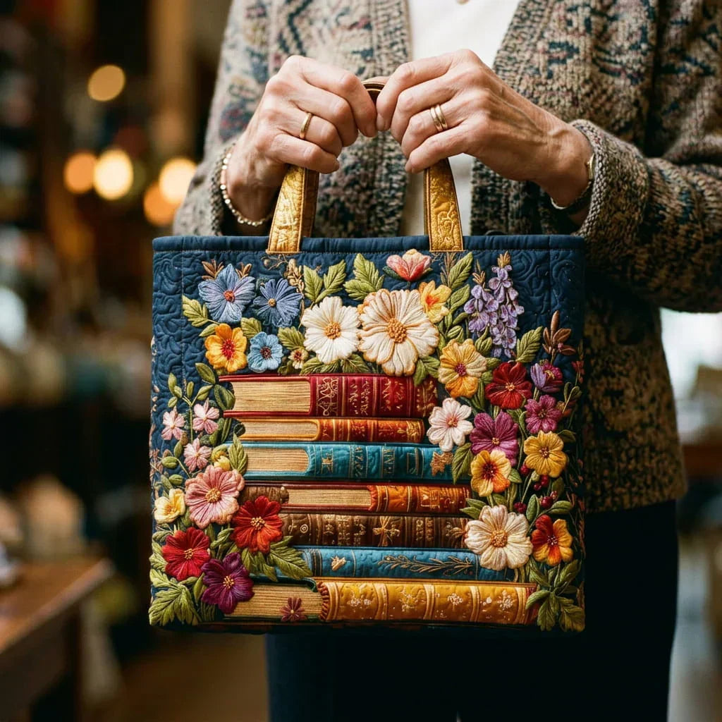 Sac à main Harper en toile bleu marine, poignées marron, broderie florale et livres