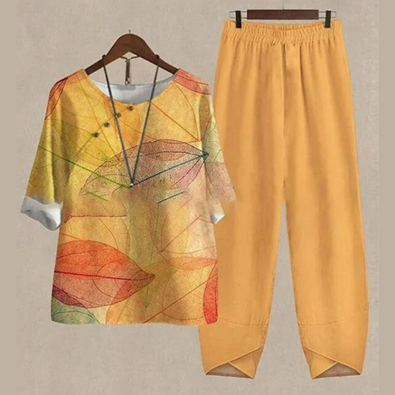 Ensemble chemise et pantalon moutarde : chemisier à feuilles multicolores, pantalon ample